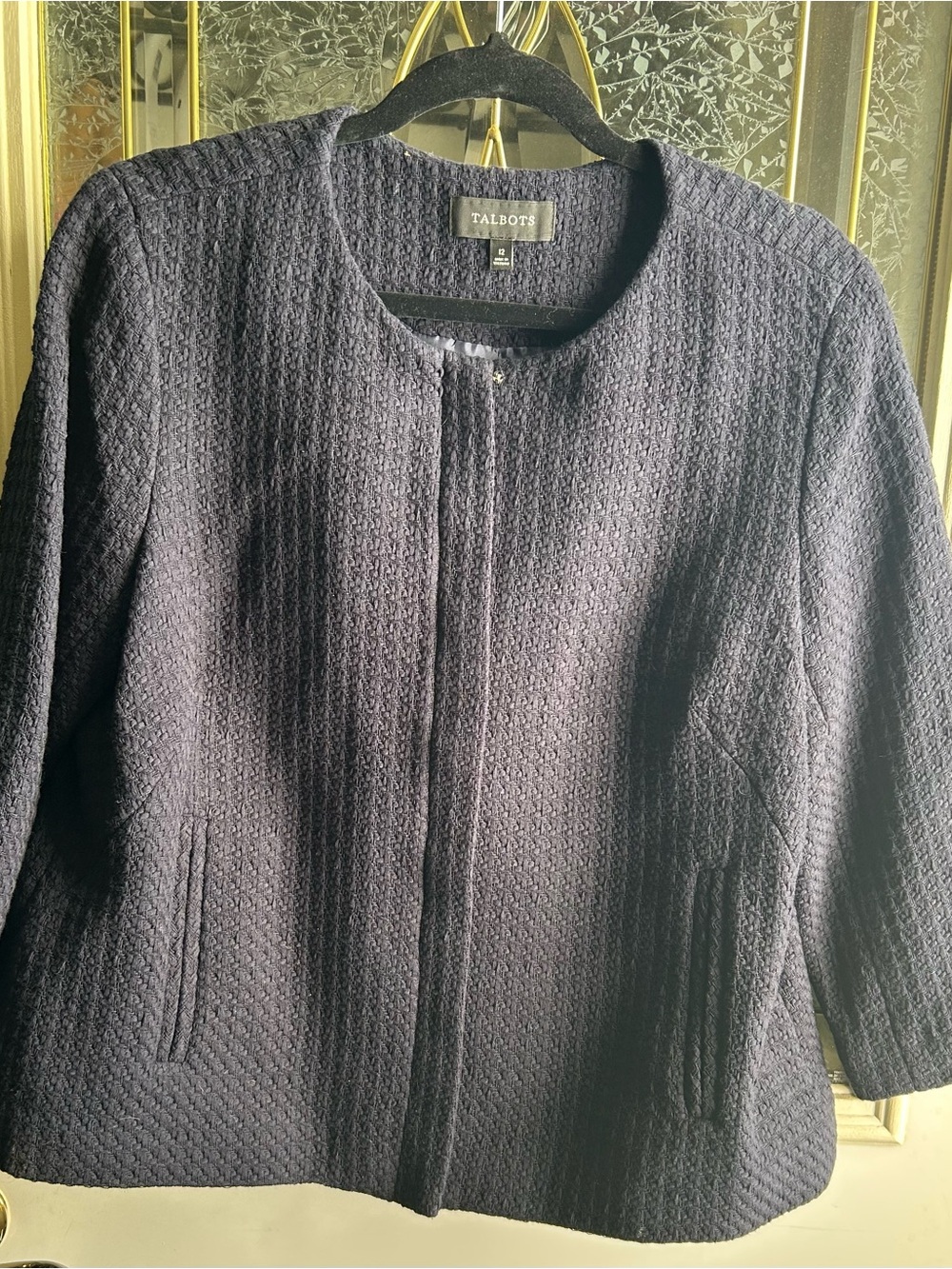 Talbots Dark Navy Quilted Collarless Blazer Jacket  Medium Large